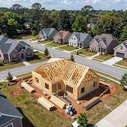 Aerial view of a new house under construction in a suburban neighborhood