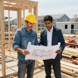 Construction workers reviewing blueprints at a building site, one wearing a yellow hard hat