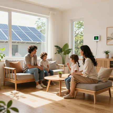 Family sitting in a bright living room, talking by a window with solar panels visible outside