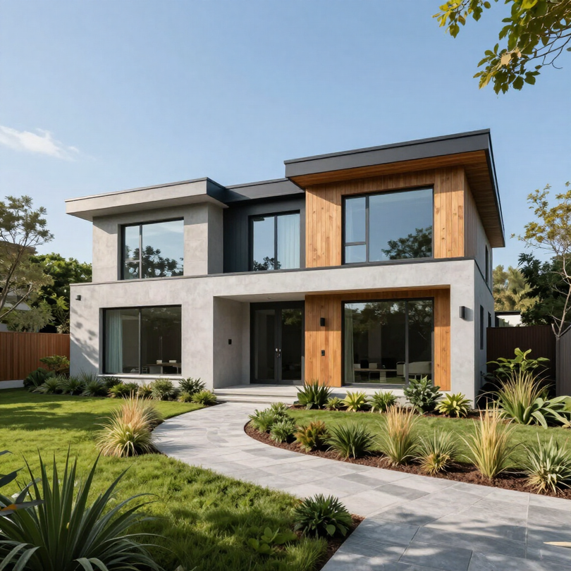 Modern two-story house with white and wood exterior, large windows, and a curved front walkway surrounded by lawn.