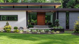 Modern single-story house facade with white walls, wood front door, stone accents, and landscaped lawn