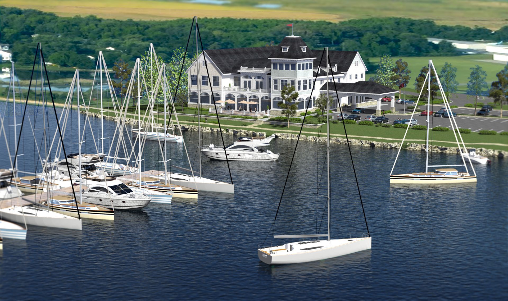 an aerial view of Annie's Paramount Restaurant and marina with boats designed by Katinas Bruckwick Architecture