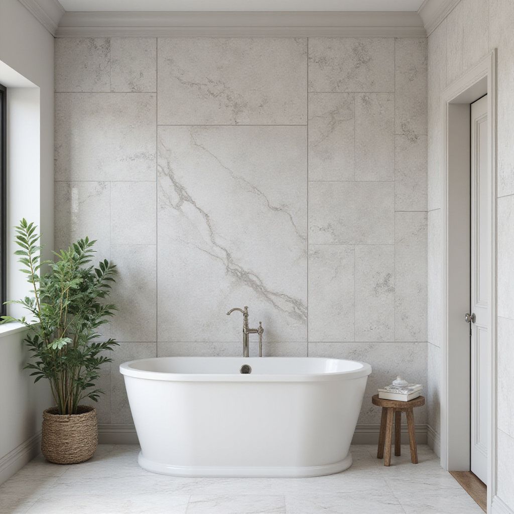 White bathtub in a modern bathroom with marble tile walls, a small stool, and a potted plant.