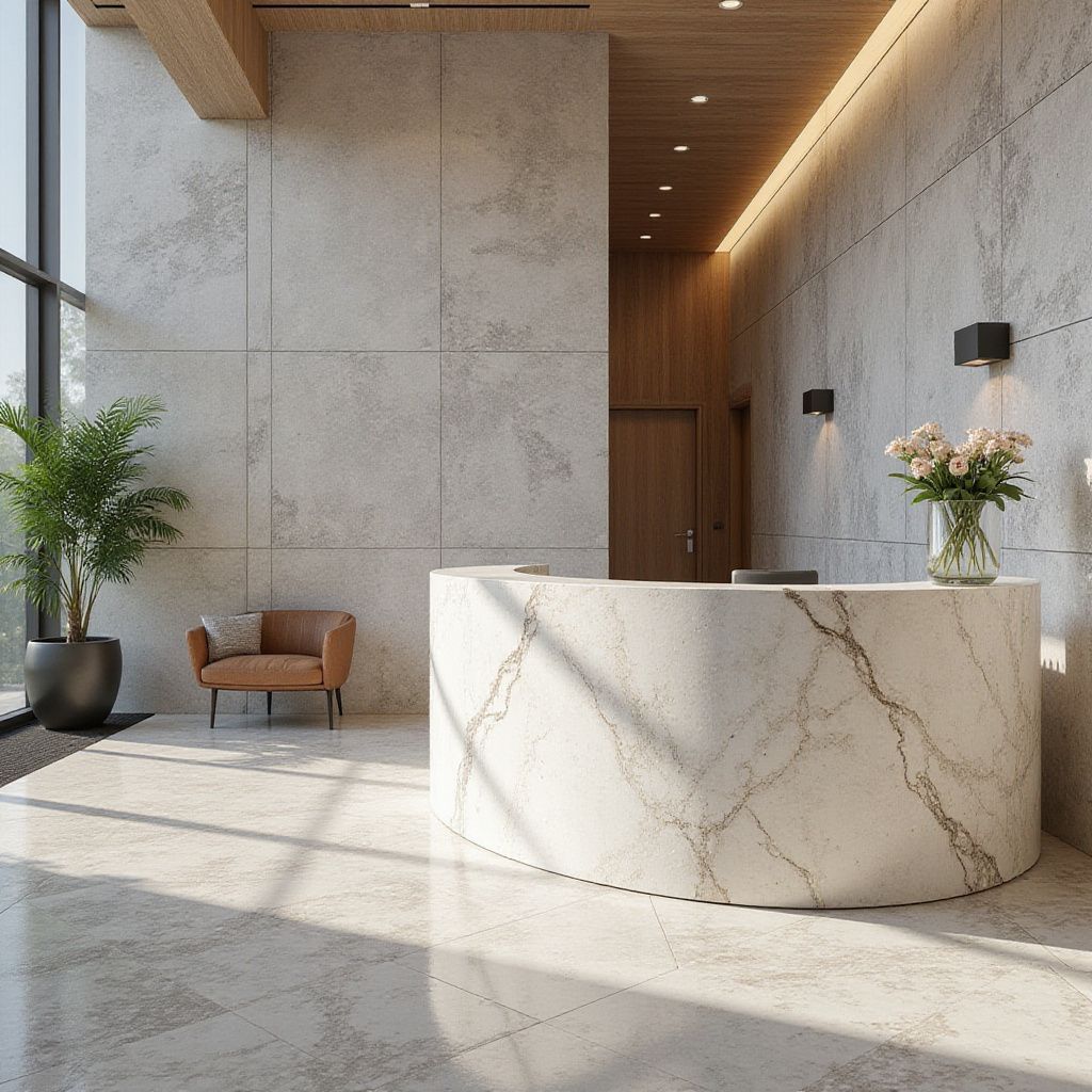 Lobby with marble reception desk, potted plant, and a leather armchair.
