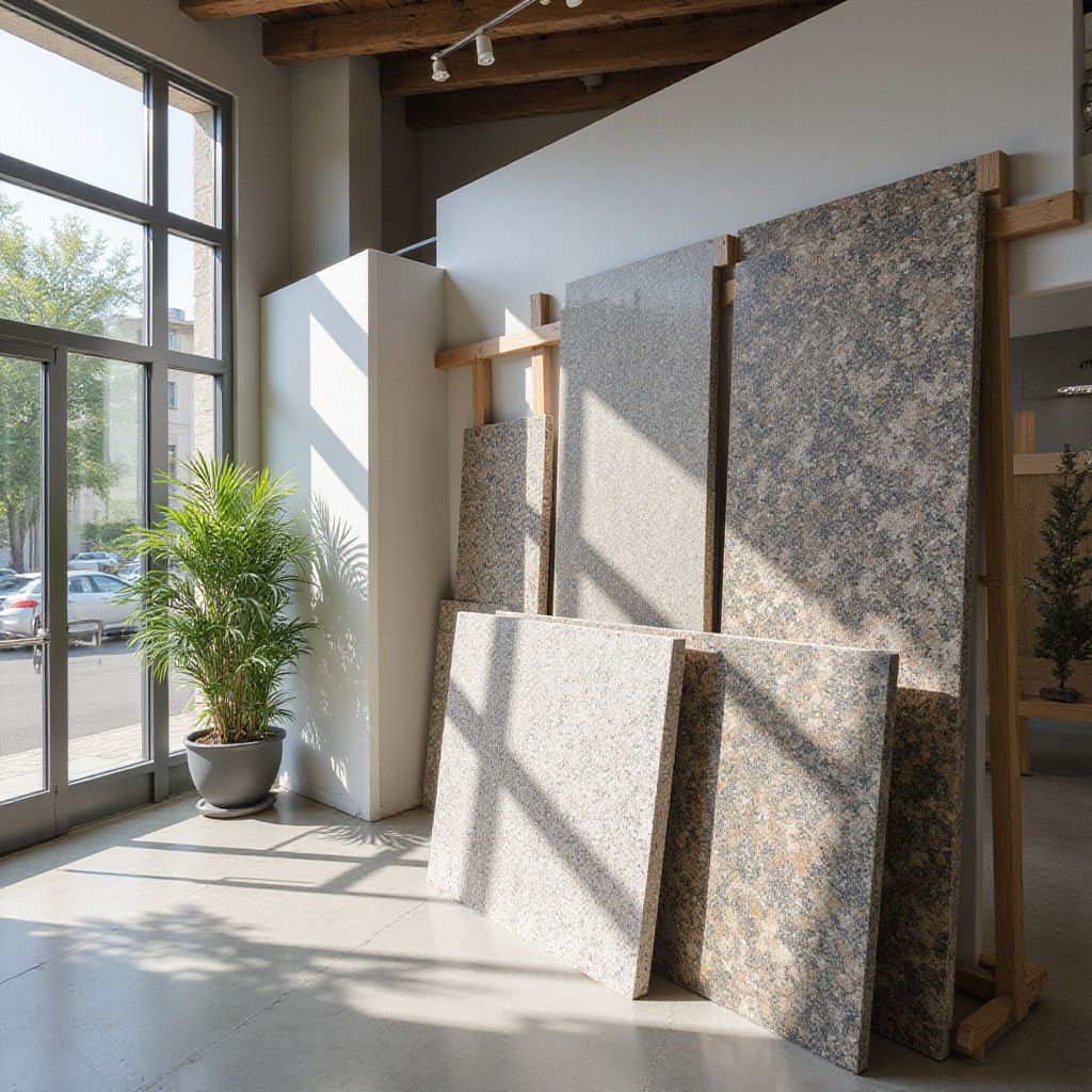 Interior showroom with large stone panels displayed on wooden frames. Natural light, potted plants, and city view.