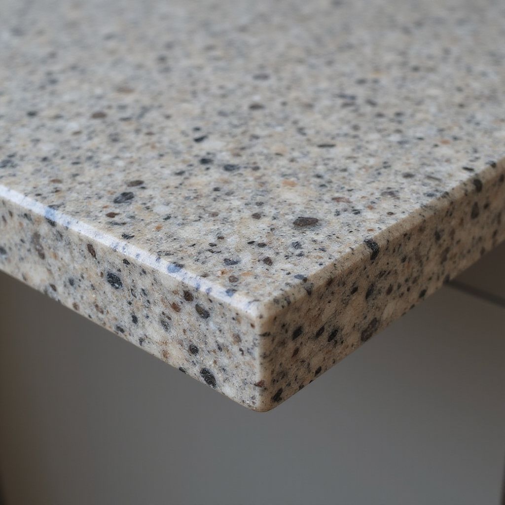 Close-up of a granite countertop with light beige background and dark speckles, rounded edge.