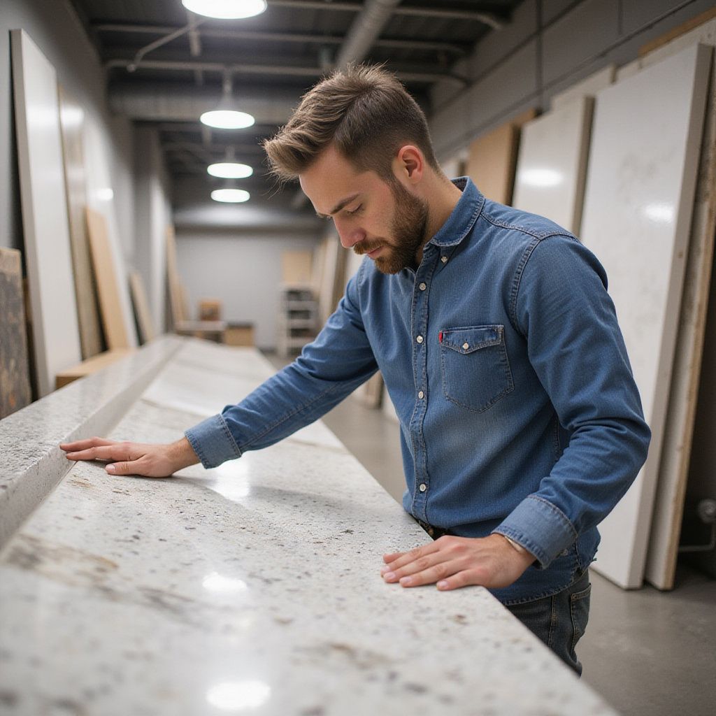 Man in denim shirt inspects a granite countertop in a workshop.