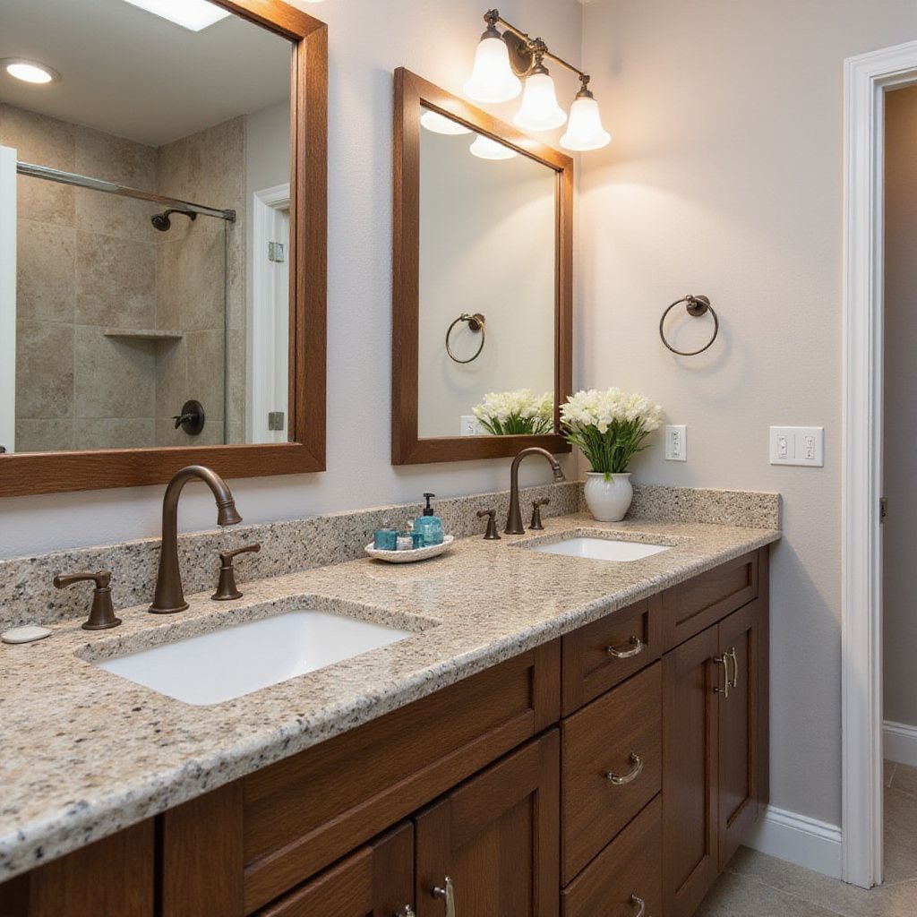 Bathroom with double sinks, wooden cabinets, speckled countertop, mirrors, and shower in background.