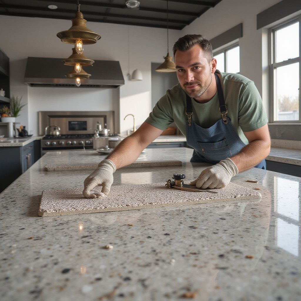 Man in apron and gloves, working on a textured stone surface in a modern kitchen.