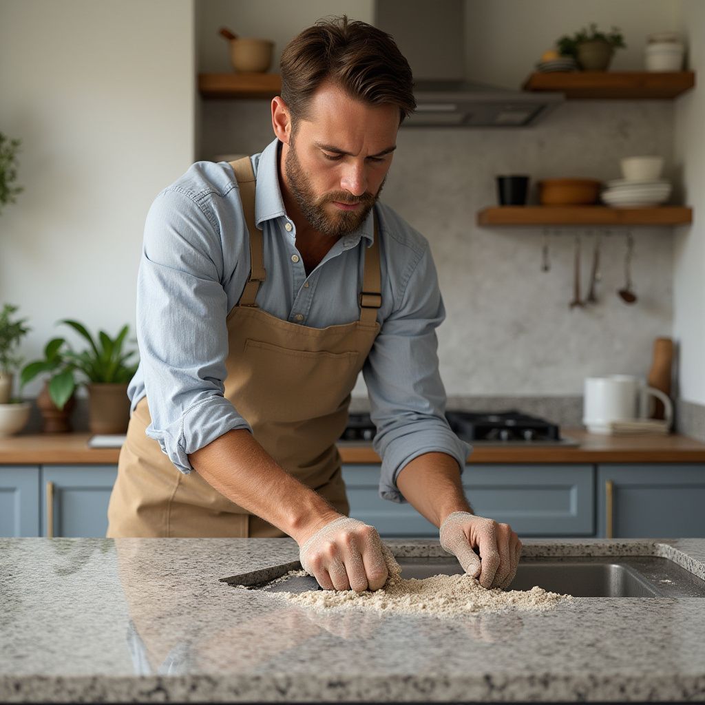 Man in apron kneading dough on a countertop in a kitchen.