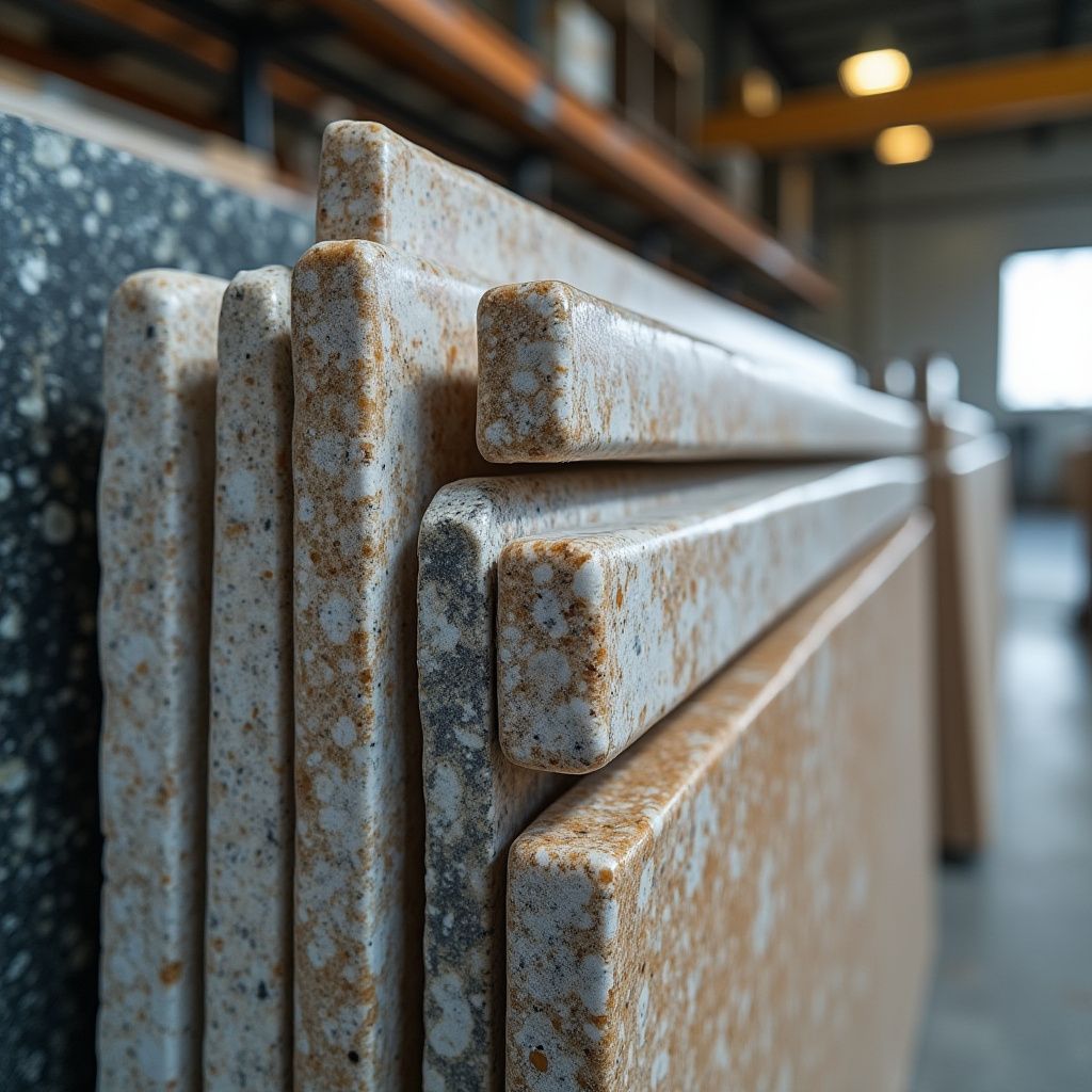 Stacked stone slabs, likely countertops, in varying colors with square edges, indoors.
