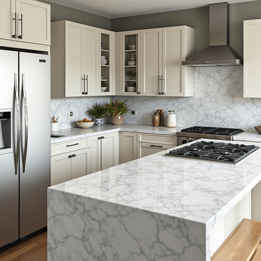 Kitchen with white cabinets, marble countertops, stainless steel appliances, and a gas cooktop.