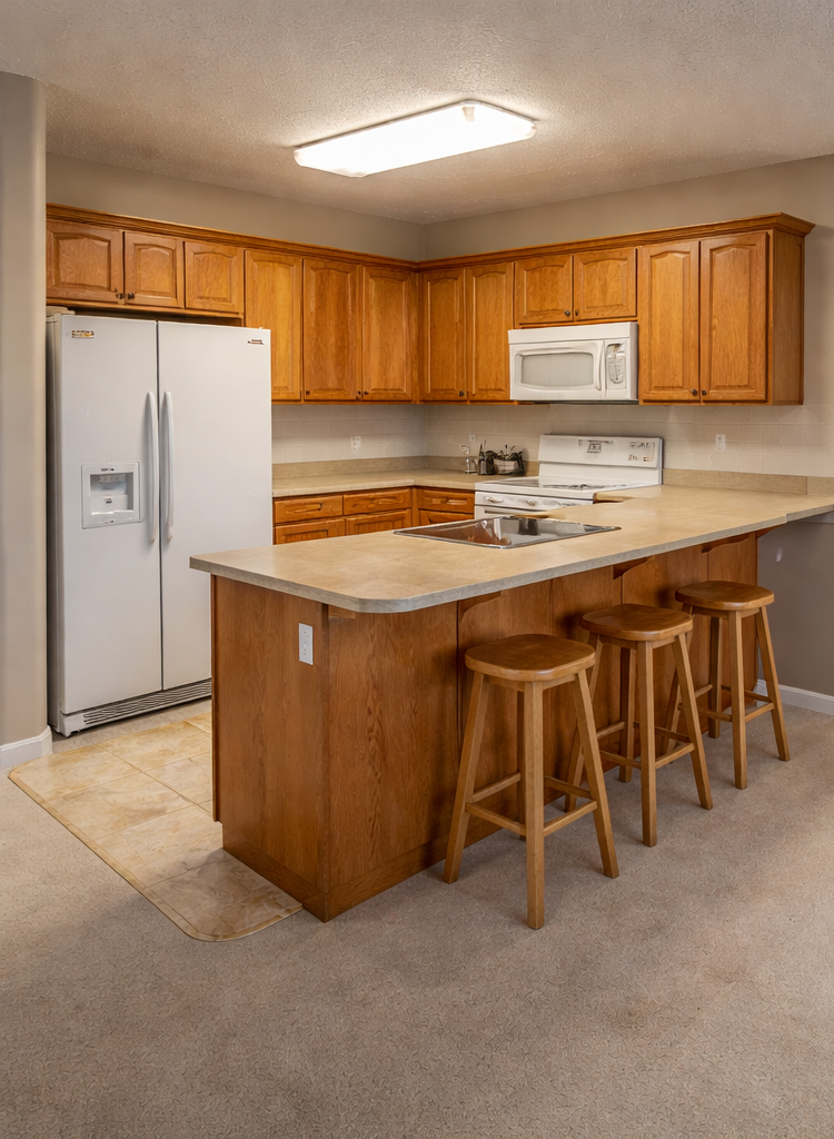 Kitchen with wooden cabinets, island with stools, white appliances.