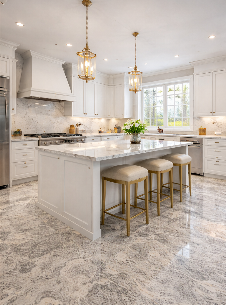 White kitchen with marble countertops, island with stools, and gold light fixtures.