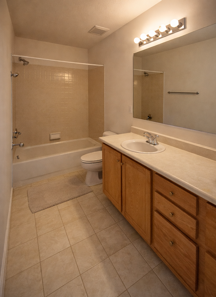 Bathroom with a bathtub, sink, toilet, and wooden cabinets. Beige tile and walls.