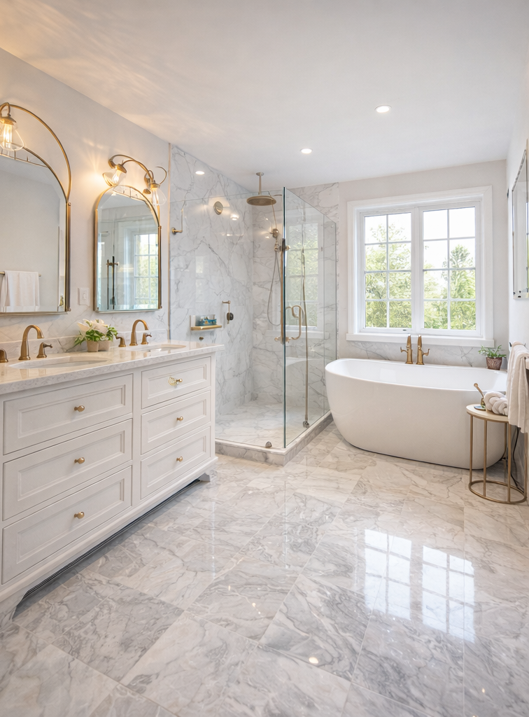 Luxurious white bathroom with marble floors, a freestanding tub, and a glass shower.