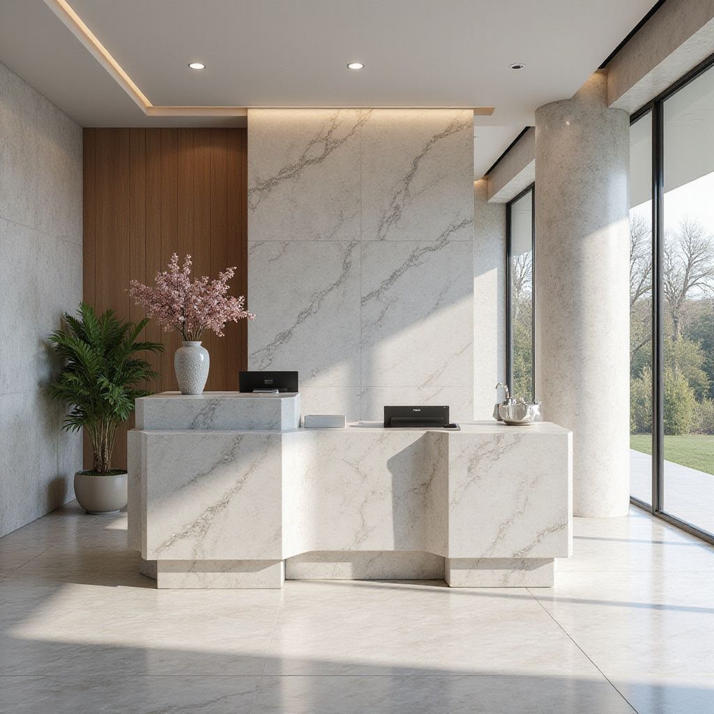 Reception area with marble counter, floral arrangement, and large windows overlooking a green landscape.