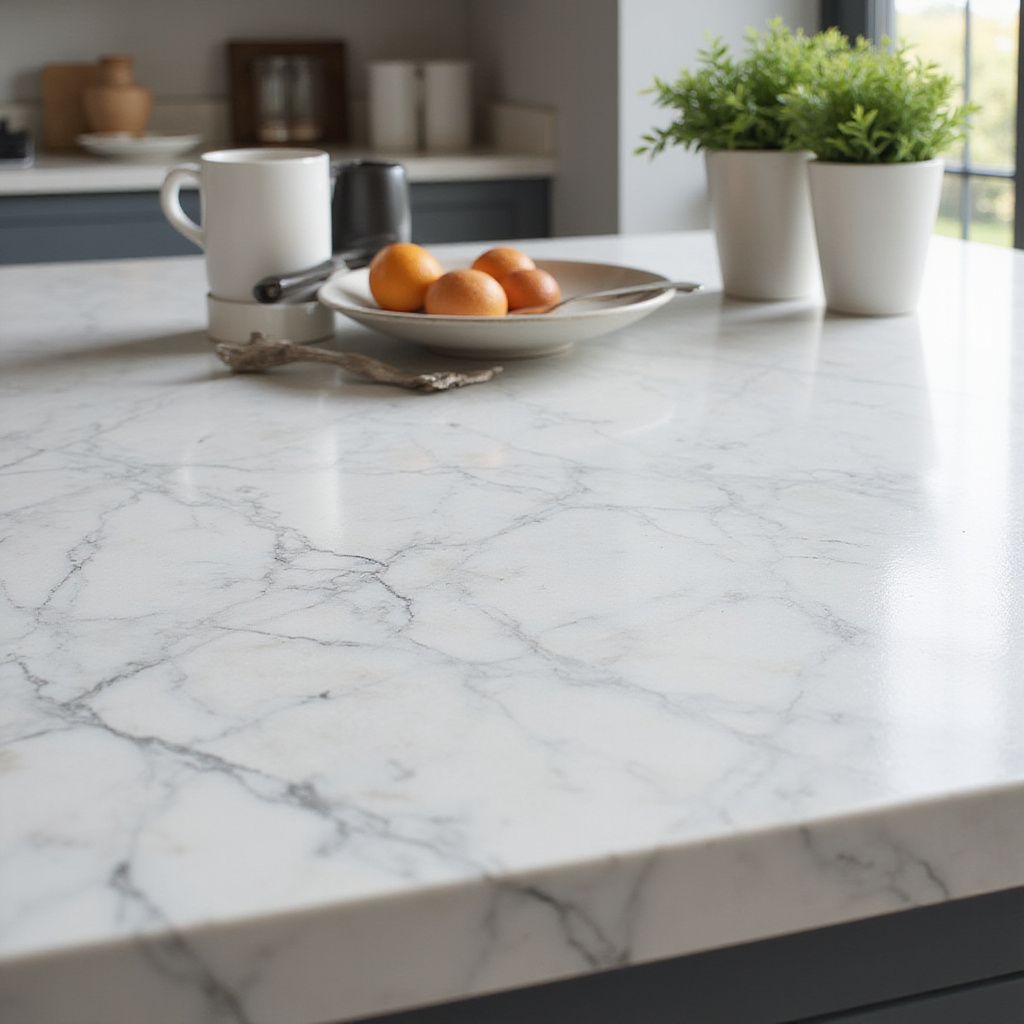 Marble kitchen countertop with eggs, plants, and a mug.