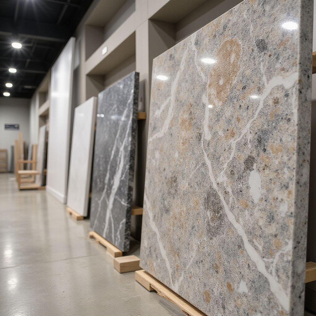 Slabs of stone displayed in a showroom, various patterns and colors including white, gray, and brown.
