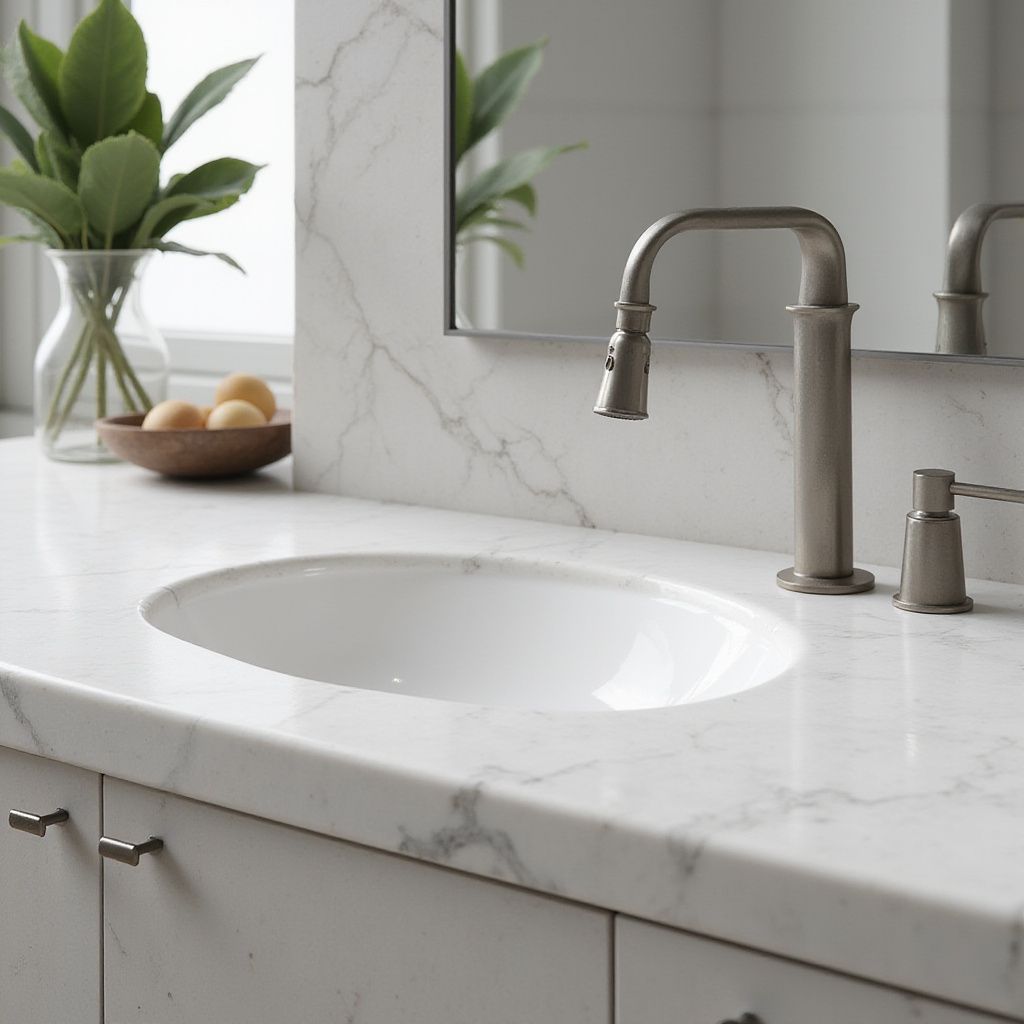 White oval bathroom sink with a faucet and marble countertop.