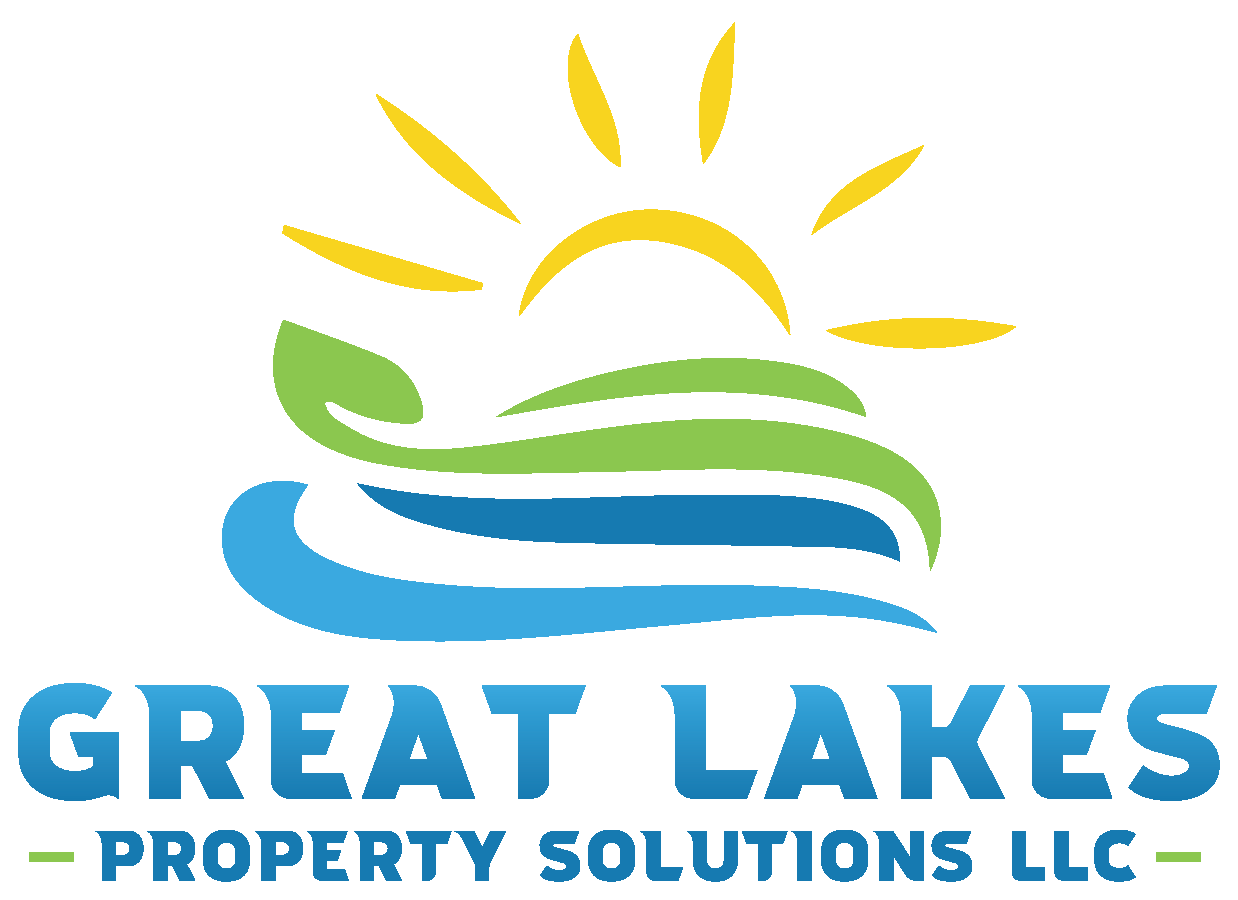 Logo for Great Lakes Property Solutions LLC: sun above stylized water and a leaf, blue and green text.