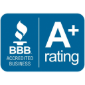 BBB A+ rating badge: blue background, white lettering, flame logo, and a positive rating.