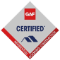 GAF Certified Residential Roofing Contractor logo. Red, gray, and white diamond with text and a roof icon.