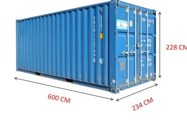 A blue shipping container with measurements on a white background