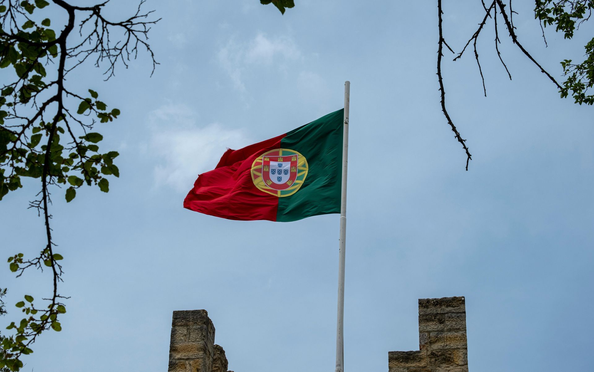Portuguese flag waving in the wind against a cloudy sky, seen from below with tree branches and castle ruins.