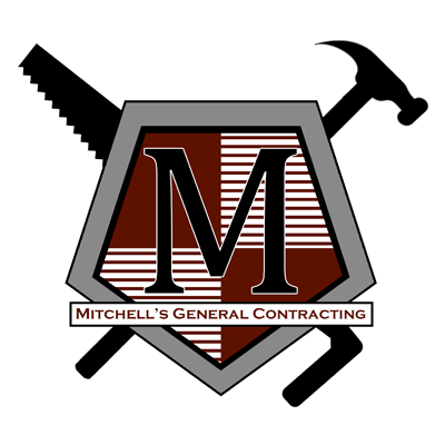 A logo for mitchell 's general contracting with a saw and hammer