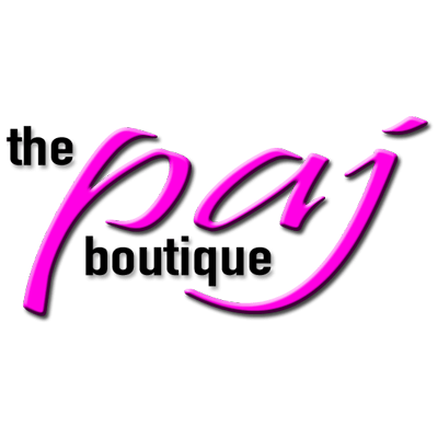 A pink and black logo for the paj boutique