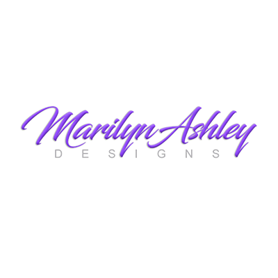 A purple logo for marilyn ashley designs on a white background