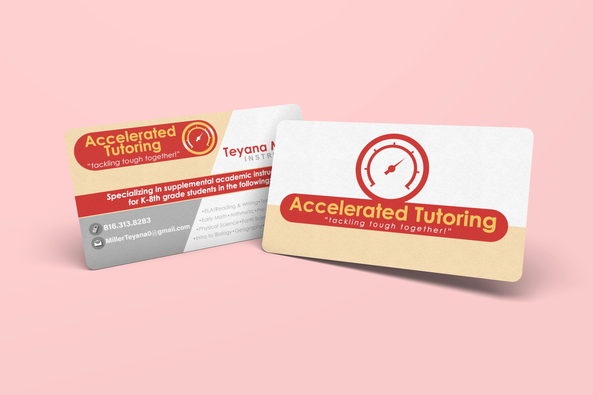 A business card for accelerated tutoring is sitting on a pink surface.