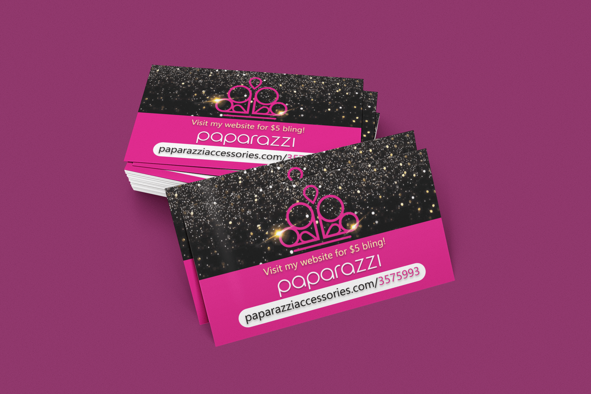 Two paparazzi business cards are sitting on top of each other on a purple surface.