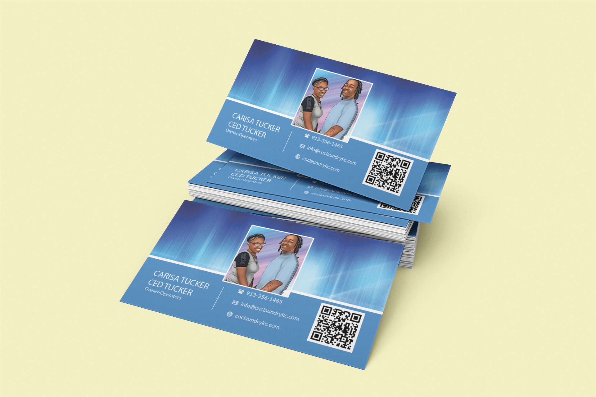 Two business cards are stacked on top of each other on a yellow background.