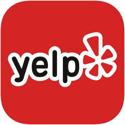 A red yelp logo with a white flower in the middle