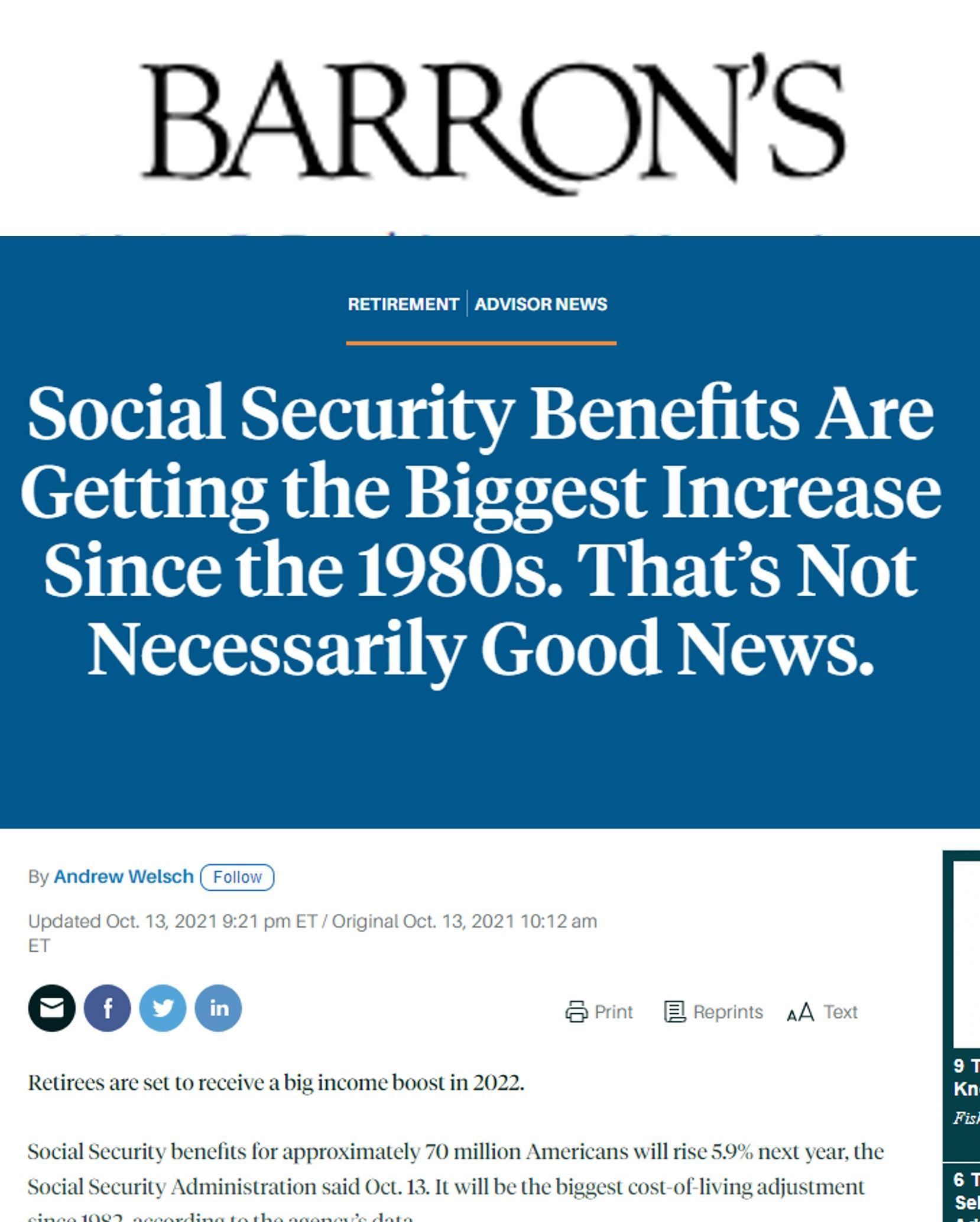 A Barron 's article about social security benefits