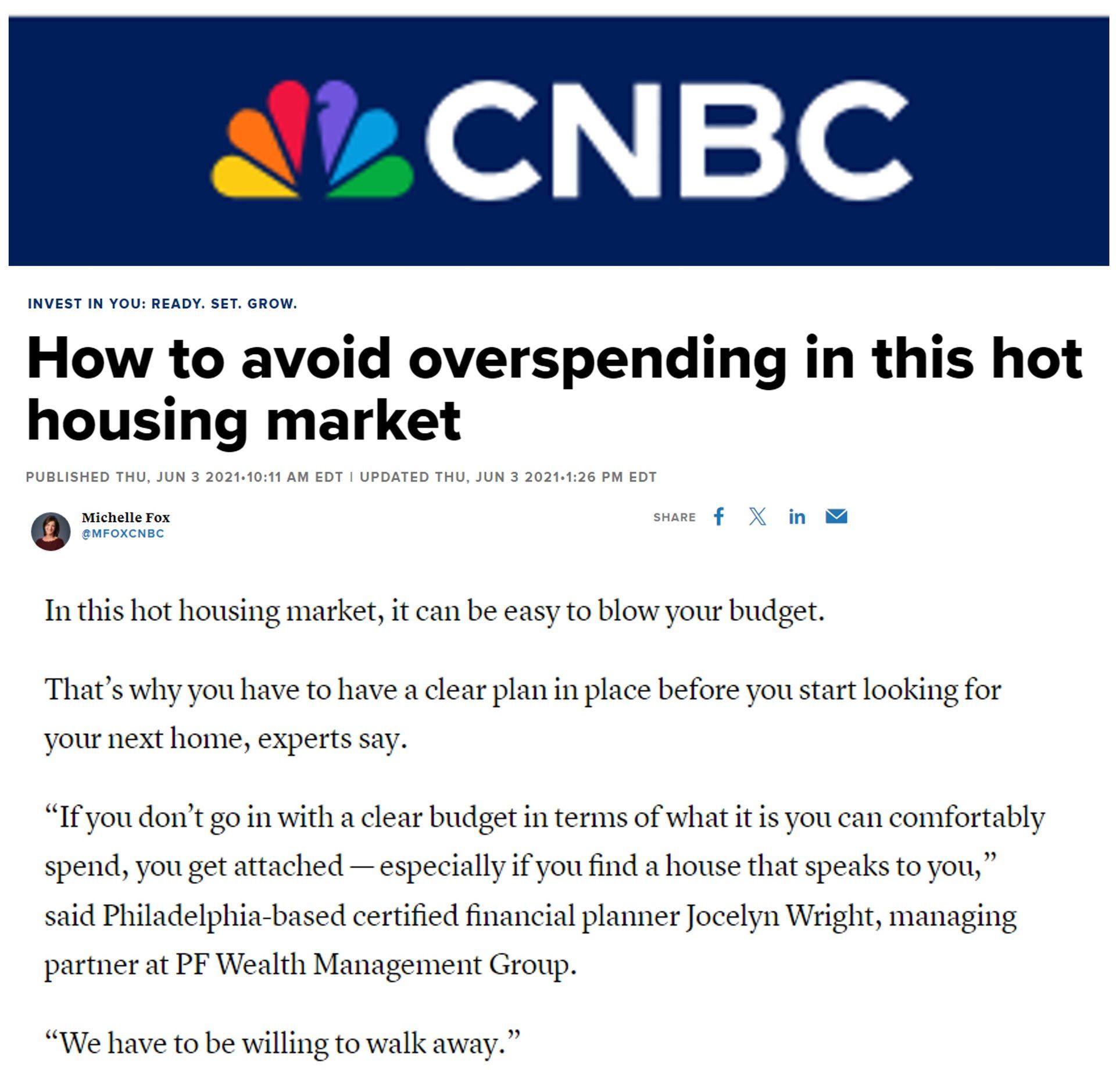 A cnbc article about how to avoid overspending in this hot housing market