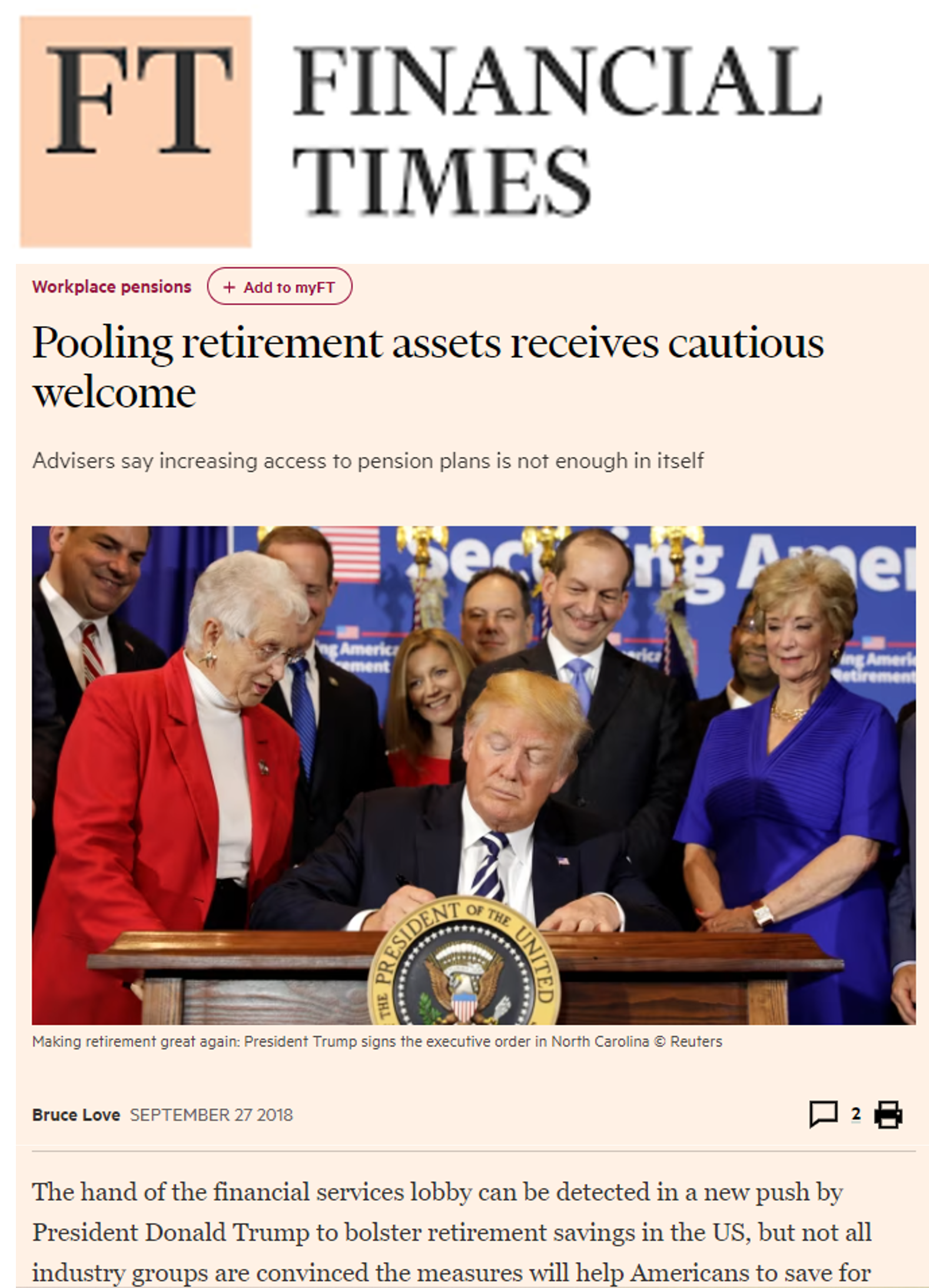 Article from Financial Times on Retirement Asset Pooling