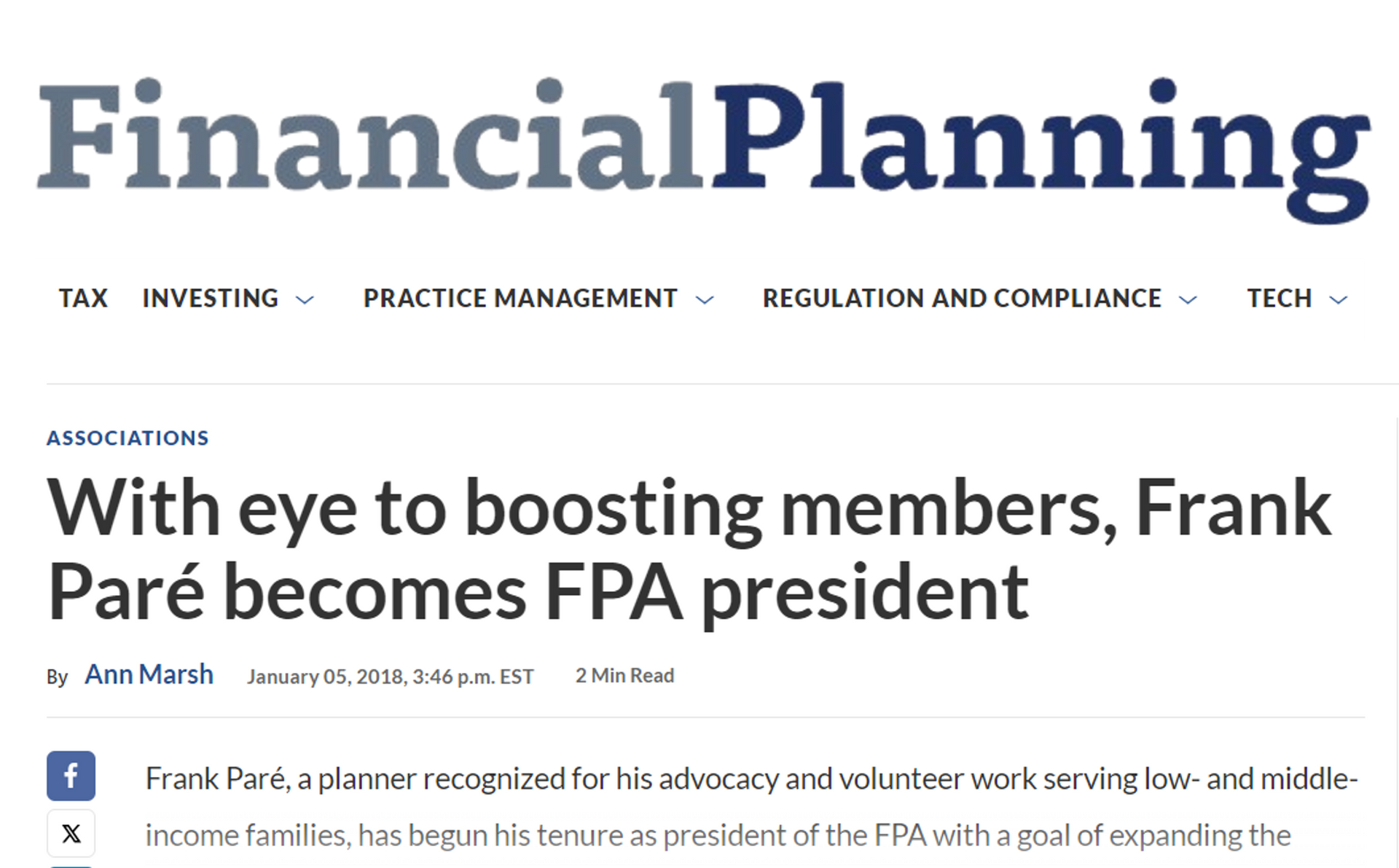 Article on Financial Planning: Frank Paré becomes president of FPA
