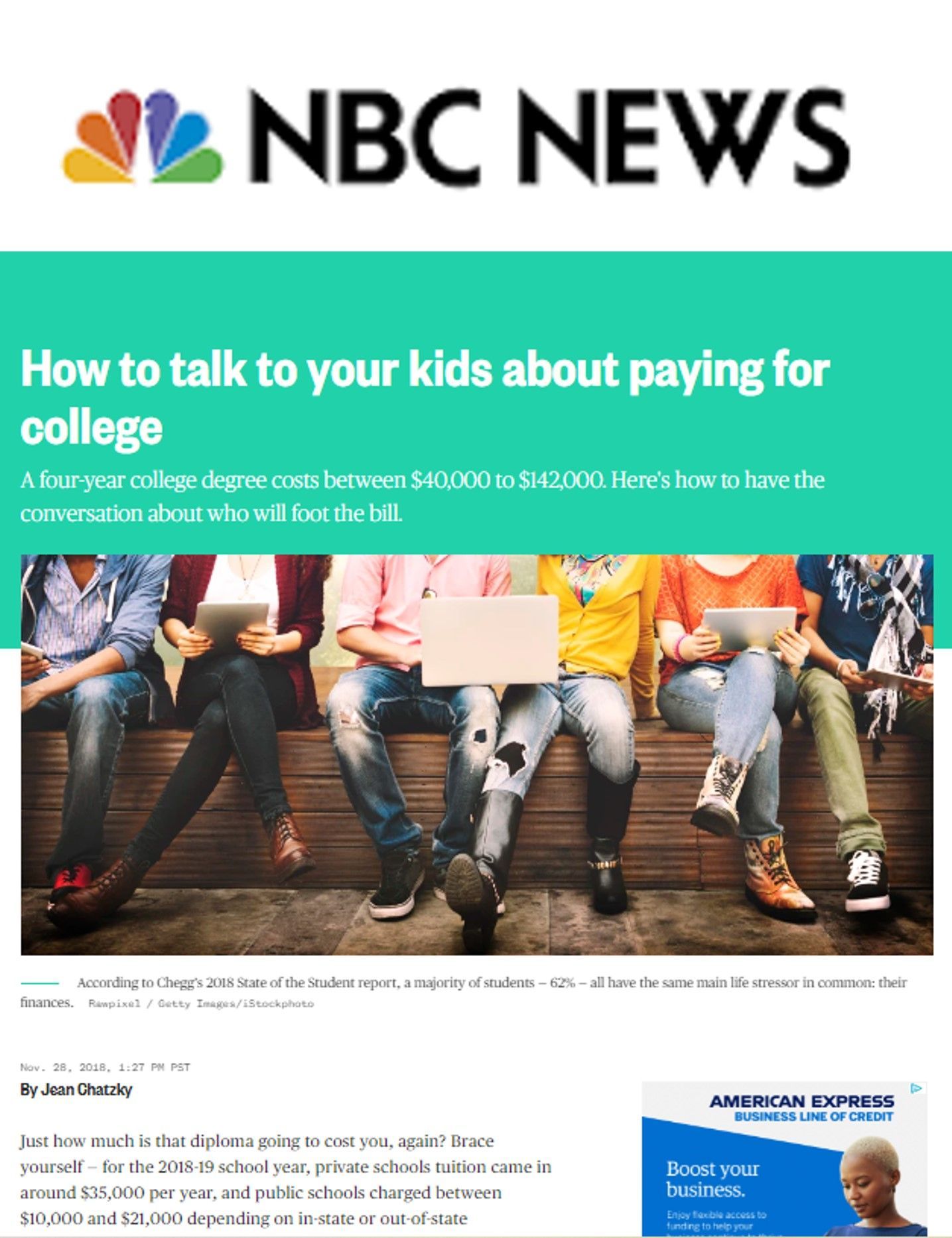 A NBC news article about how to talk to your kids about paying for college.
