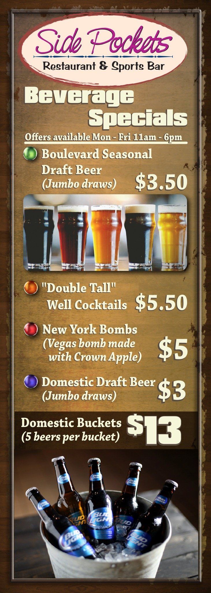 A menu for a restaurant with a bucket of beer on it