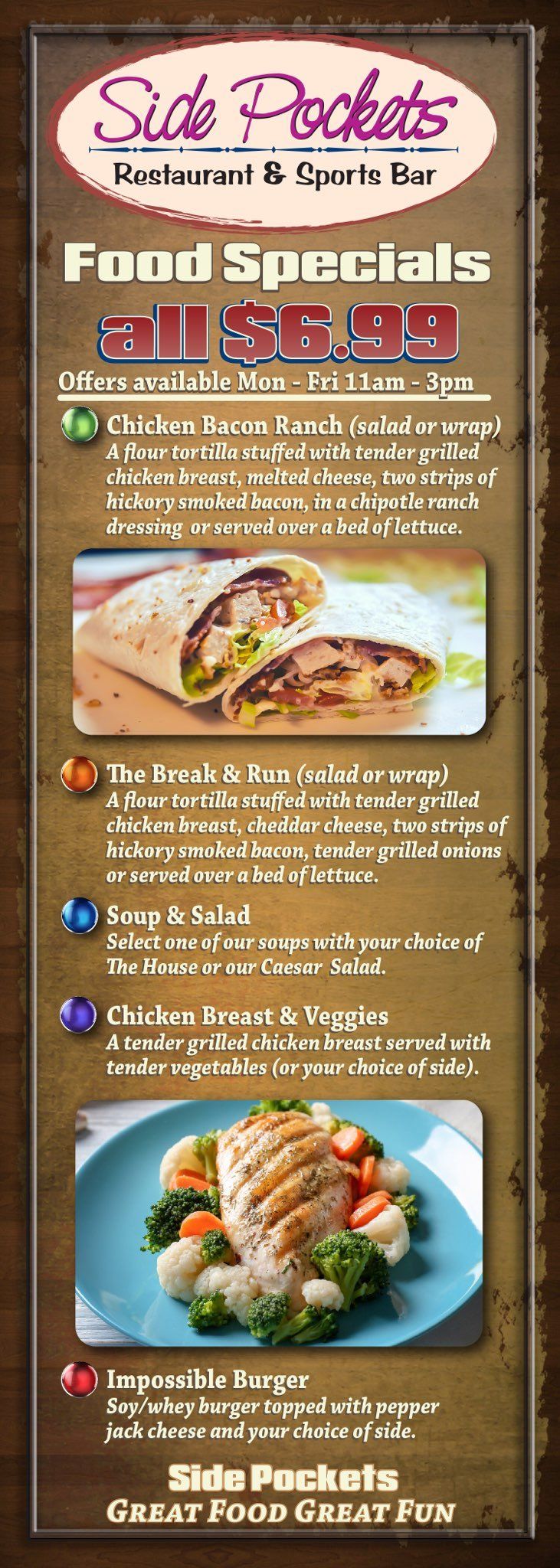 A menu for a restaurant with a picture of a wrap and a plate of food.