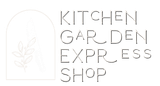 Kitchen Garden Express Shop logo with arched frame and leaf, minimalist text.
