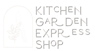 Kitchen Garden Express Shop logo with arched frame and leaf, minimalist text.
