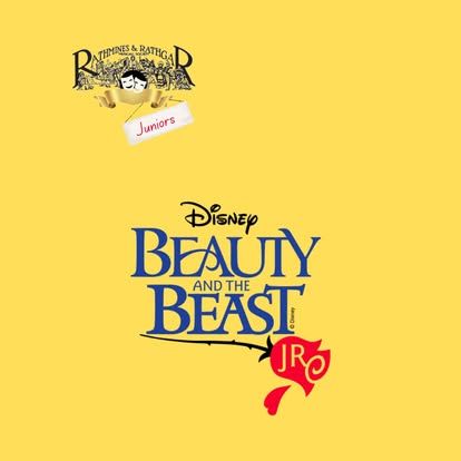 A disney beauty and the beast logo on a yellow background
