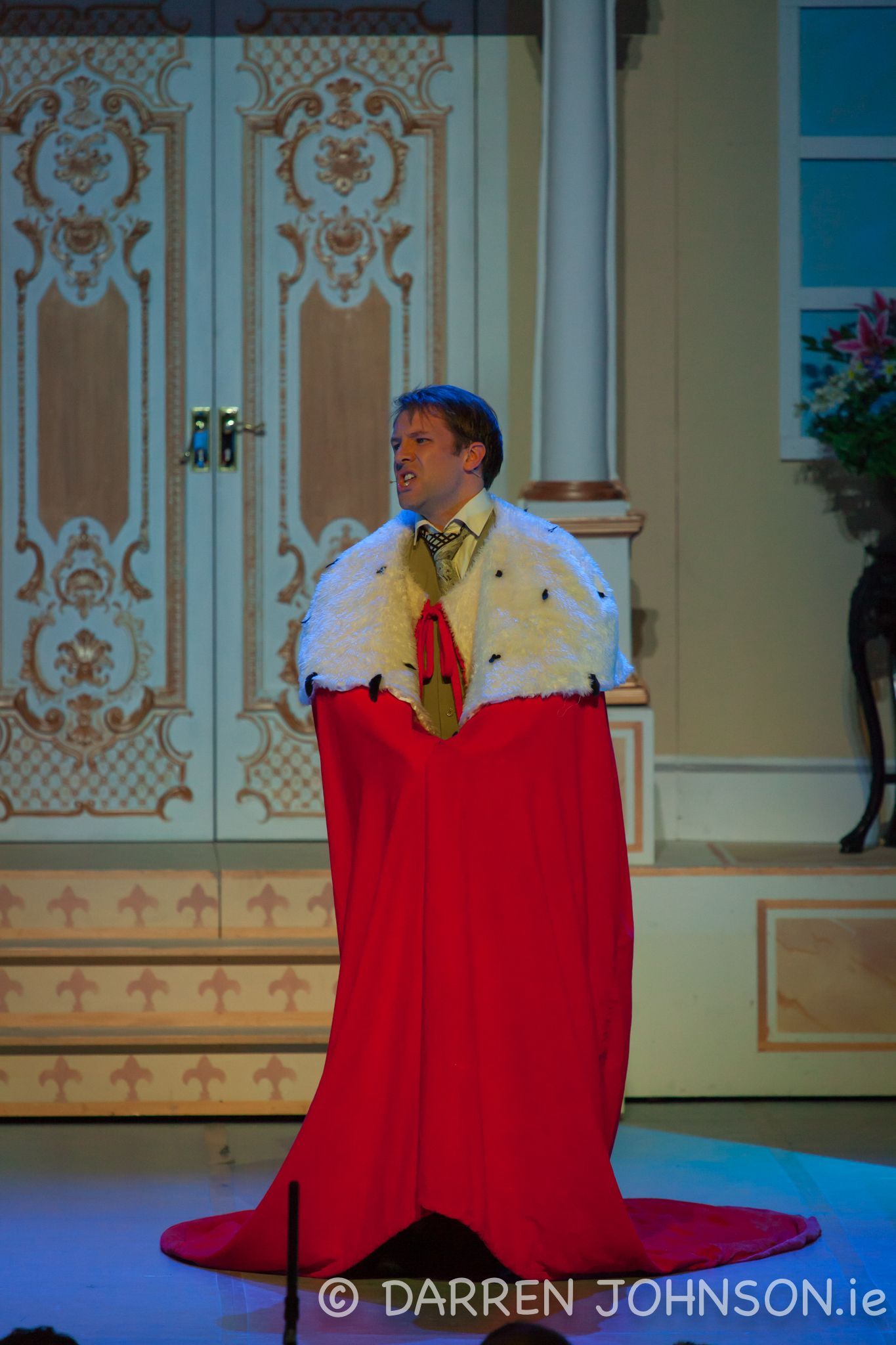 A man in a king costume is standing in front of a microphone