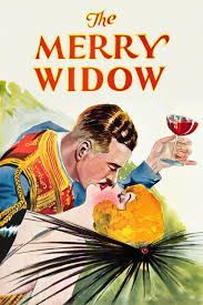 The merry widow movie poster shows a man kissing a woman while holding a glass of wine.