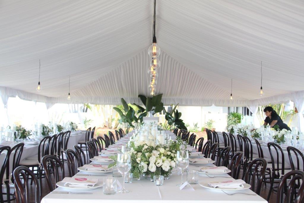Wedding Table With White Rose And Pendant Lights — Wedding & Event Hire In Goonellabah, NSW
