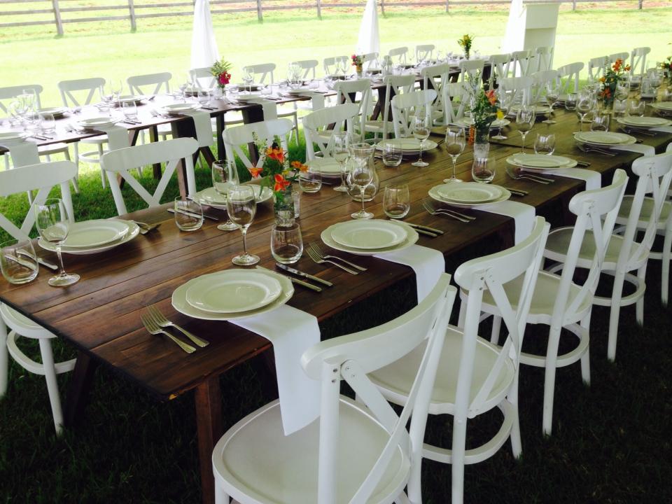 Wooden Table And White Chairs Setup — Wedding & Event Hire In Goonellabah, NSW